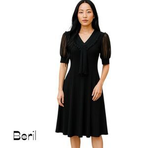 Beril Black Pleated Vintage Sheer Puffy Sleeves Midi Dress Size S